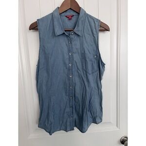 Guess Sleeveless Chambray Blue Denim‎ Button Down Women's Large 385
